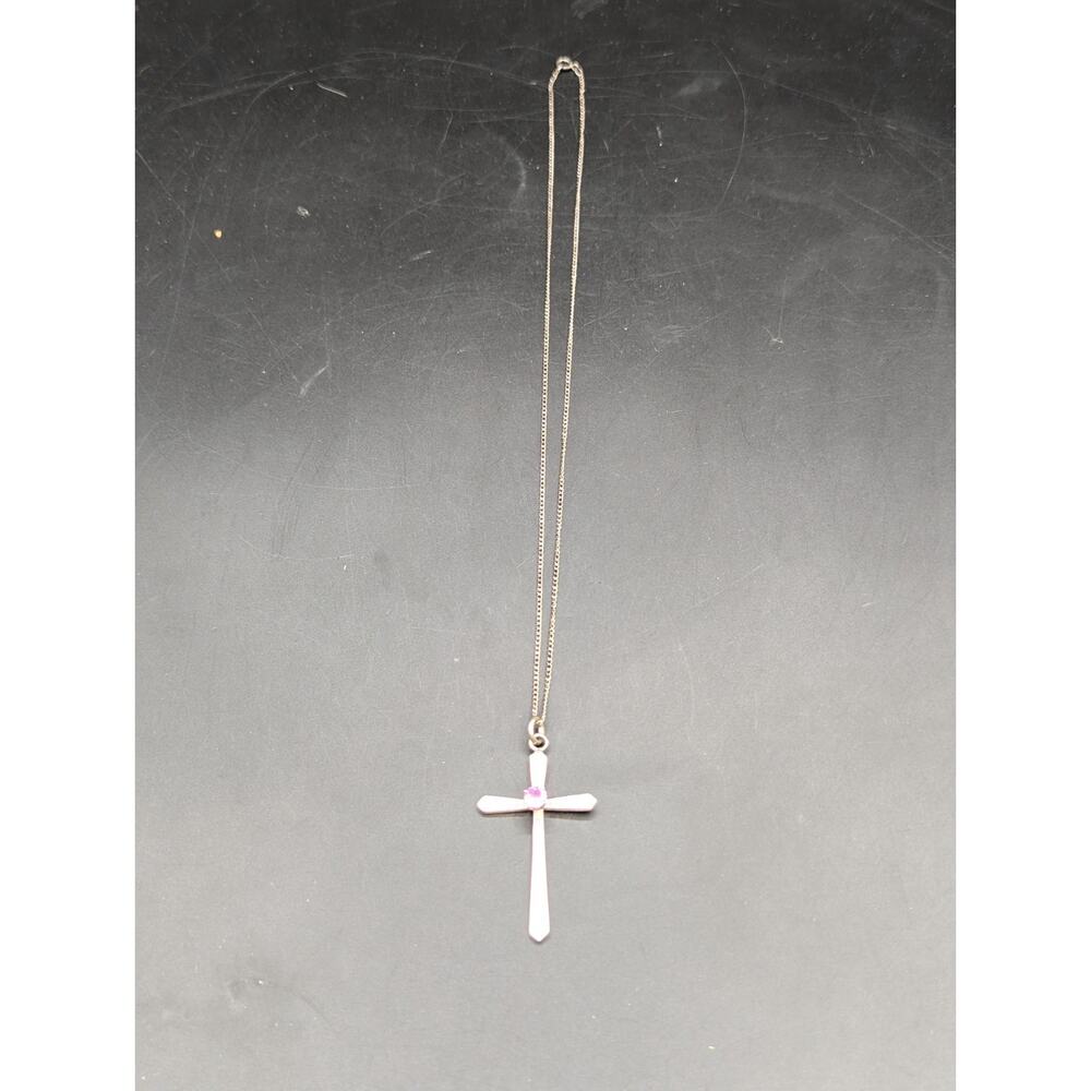 Vintage Art Deco Style 925 Pink Stone Cross Pendant Necklace Red UV Glows - Picture 2 of 12